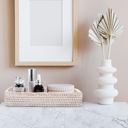 Rattan Bathroom Vanity Trays Toilet Tank Baskets Long Narrow Hand Towel Storage Basket for Storage, Decorative (Whitewas