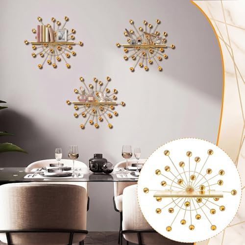 Yaocom 3 Pcs Crystal Floating Shelves, Bling Sparkle Metal Starburst Wall Decor Shelves, Gold Folding Wall Mounted Stora