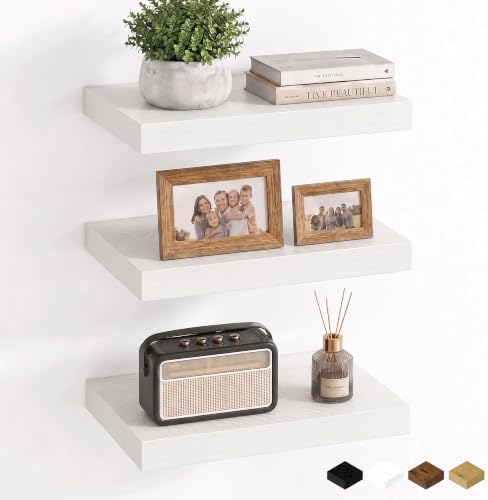 16 Inch Floating Shelves for Bathroom White, 8" Deep Wall Shelf, Set of 3