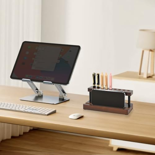 2 Pack Wooden Pen Holder for Desk, Wood Pencil Holder Fountain Pens Display Stand with 9 Slots and Phone Holder, Stylish Office Desk Decor, Pen Organizer for Office, Home