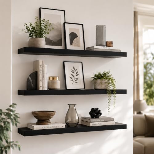 WELLAND 60 inch Black Mission Floating Shelves for Wall, Bathroom Wall Mount Shelves, Wood Modern Display Shelves, Book 