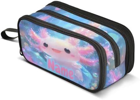 Custom Shiny Axolotl Pencil Case Box Boys Girls Personalized Name Large Pencil Pouch Stationery Pen Bag Organizer for Kids Adults School Office