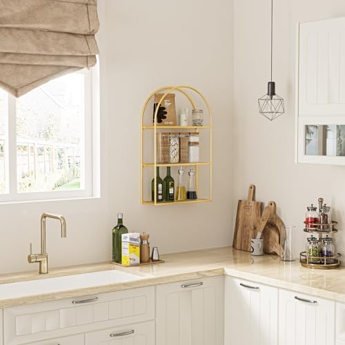 Crofy 3-Tier Arched Wall Shelf with Gold Frame & Transparent Shelves