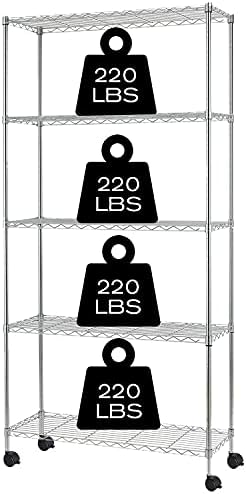 HCY 5-Tier Shelving Unit Storage Shelves with Wheels Heavy Duty Metal Storage Rack NSF Height Adjustable for Laundry Bat