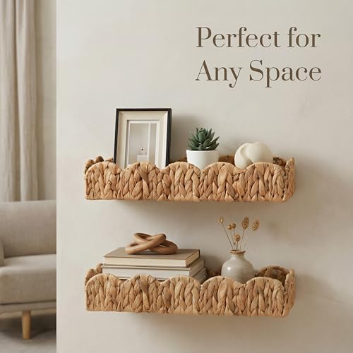 4 Pack Nursery Book Shelves, Scalloped Water Hyacinth Book Shelf for Kids Rooms, Handwoven Floating Book Shelves for Wall, 15.8” Wicker Hanging Bookshelf for Books, Toys, Photo Frames, Nursery decor