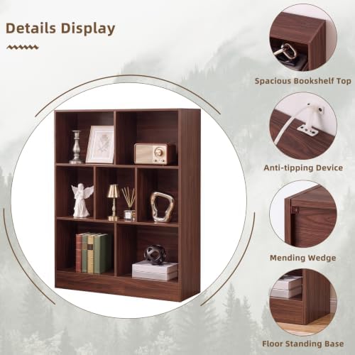 YAHARBO 3 Tier 7 Cube Mini Thin Bookshelf, Short Shallow Bookcase, Walnut
