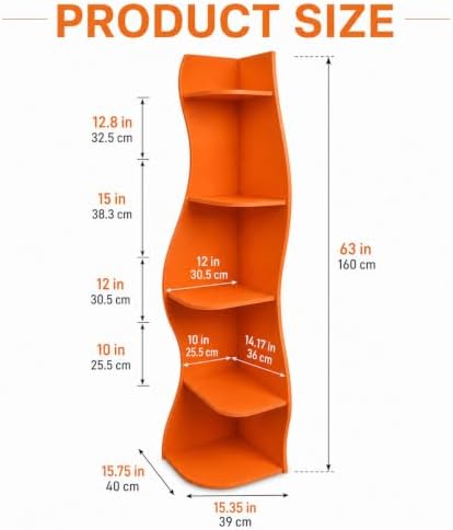 HRVEOCEI 5-Tier Wavy Corner Shelf with Curvy Shape for Small Space, Orange