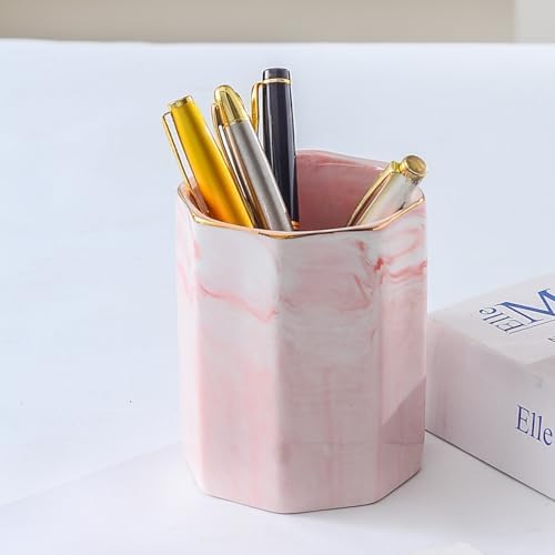 Desk Organizer Set of 2 For Office, Pen Holder and Paper Clip Holder, Ceramic Cute Pencil Cup for Desk, Paper Clip Dispenser for Desktop, Makeup Brush Holder Ideal Gifts for Women, Mom (Pink)