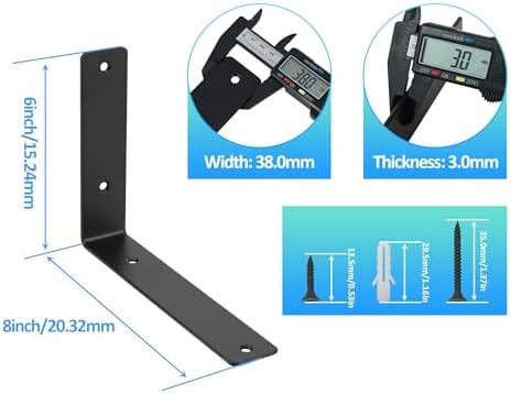 L Floating Shelf Brackets,4 Pack Heavy Duty L Brackets for Shelves, L 8" X H 6" Black Metal Countertop Support Brackets,