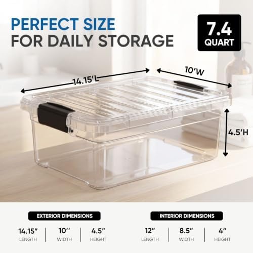 Superio 7.4 Quart Clear Plastic Storage Bin with Lid, Stackable Organizer Box, BPA-Free Storage Container for Home, Gara