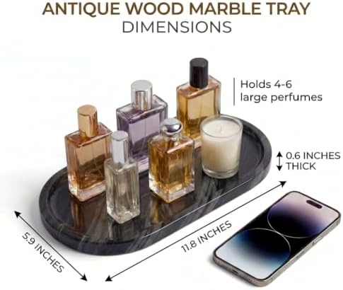YKAJO Antique Wood Oval Marble Tray, 11.8x5.9 Vanity Perfume Organizer
