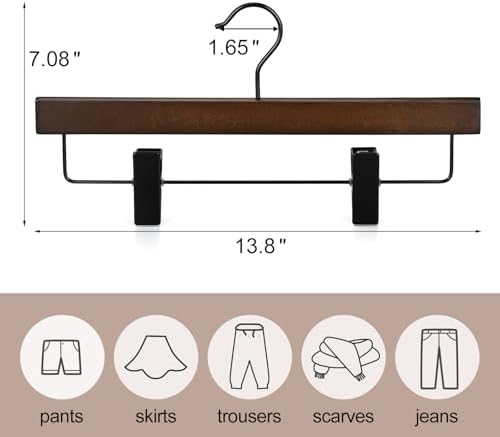 TOPIA HANGER Pants Hangers, Wooden Skirt Trouser Hangers with 2 Adjustable Metal Big Clips, Premium Retro Finish and 360°Swivel Black Hook, Jean Slacks Hangers for Closet, 20 Pack, CT03A20
