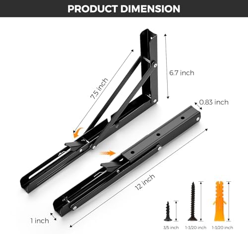 JOY DECOR Matte Black Folding Shelf Brackets, 12 Inch, 2 Pack