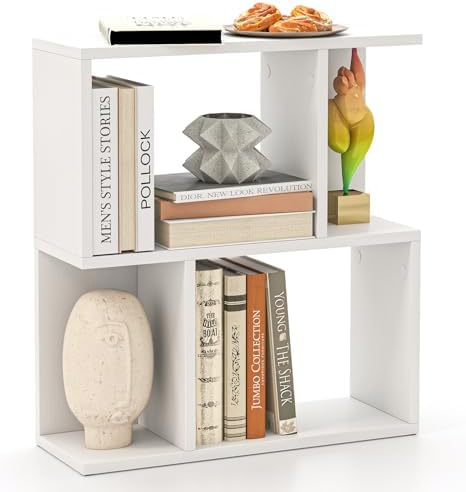 Tangkula 3 Tier Geometric Bookshelf, S Shaped Open Bookcase with Storage, Home Office Decor, Freestanding Wood Display S