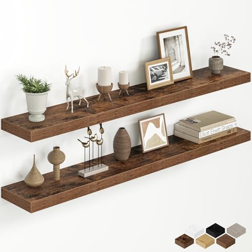 48 Inch Floating Shelves for Wall, Wood Wall Mounted Deep Storage Shelves with Invisible Brackets, Long Decorative Displ