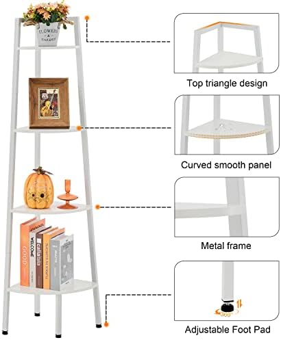 Hoctieon Corner Shelf, 4-Tier Corner Bookshelf, Rustic Corner Ladder Shelf, Industrial Display Shelf for Living Room, Ki