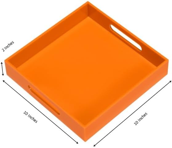 KEVLANG Orange Sturdy Acrylic Serving Tray with Handles-10x10Inch-Serving Coffee,Food,Breakfast,Butler-Kitchen Countertop Tray-Makeup Drawer Organizer-Vanity Table,Ottoman Tray-Decorative Tray
