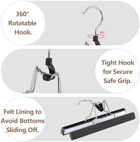 AMKUFO 12 Pack Black Wooden Pants Hangers with Clips Non Slip Skirt Hangers Trouser Clamp Hanger Solid Wood Hanger with 360° Swivel Hook