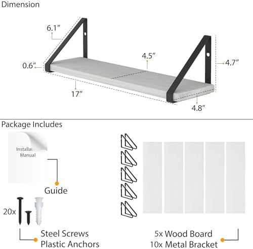 Wallniture Ponza 17'' x 4.5'' Floating Wall Shelf Bathroom, Small Wood Book Shelves for Wall Storage, Wall Mounted Shelf
