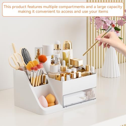 Yieach White Makeup Organizer Countertop,Large Cosmetics Storage Organizer for Make up Brush,Hair Products and Beauty Sk
