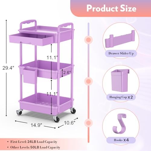 SUNALLY Makeup Cart Organizer with Drawer,3 Tier Rolling Makeup Cart,Purple
