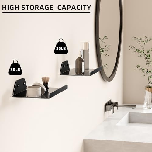 Floating Shelves for Wall,Off Center Metal Shelves for Living Room, 8” Modern Black Hanging Decor Bedroom Bathroom Kitch