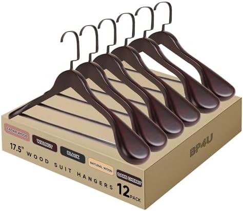 17.5" Wooden Suit Hangers, Non Slip Pants Bar, Dark Cherry, 12-Pack