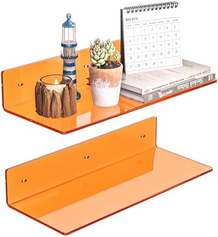 Sezanrpt 15 Inches Orange Acrylic Wall Shelves 2 Pack, L Shape Floating Shelf, Perspex Wall Mounted Shelves for Home Décor, Model Car, Candle, Calendar, Towel, Tissue