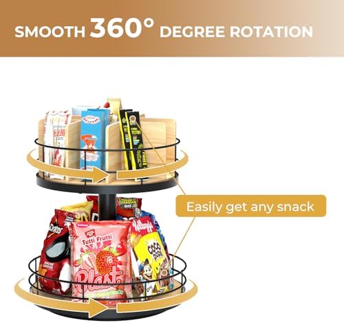Snack Organizer - Versatile Snack Storage 2 Tier Lazy Susan with Convenient Grab-and-Go Design, Wood and Metal Snack Hol