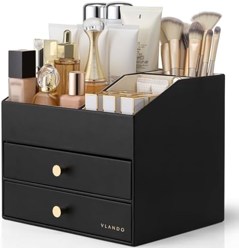 VLANDO 3-Layer Makeup Organizer with 2 Large Drawers for Vanity,Black