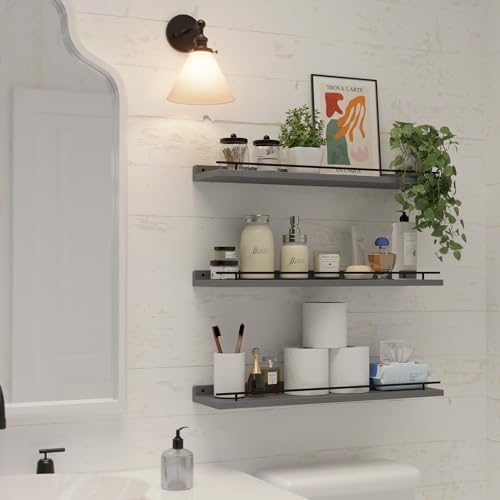 WOPITUES Floating Shelves 24 inch for Wall Decor Set of 3, Grey