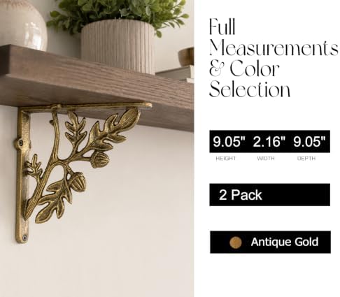 NACH Decorative Shelf Brackets, 2 Pack of 9 x 2.2 x 9 inch, Gold Cast Iron Rustic Shelf Brackets - Metal Shelf Brackets 