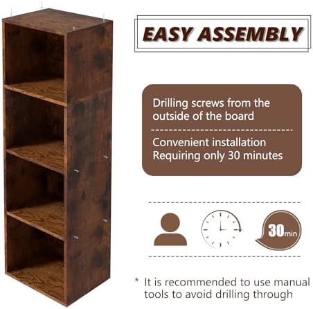 Wooden 4 Cube Storage Organizer, 4 Tier Storage Cubes Storage Display Cubby, Freestanding DIY Closet Shelving Unit for L