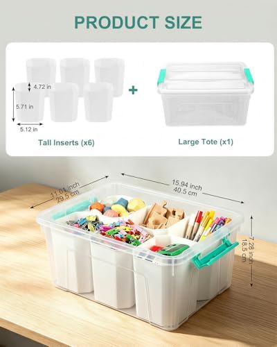 EOENVIVS Clear Storage Boxes with 6 Tall Inserts, Large Plastic Organizer Box with Lid and Handles, 15.94x11.61x7.28 Inc