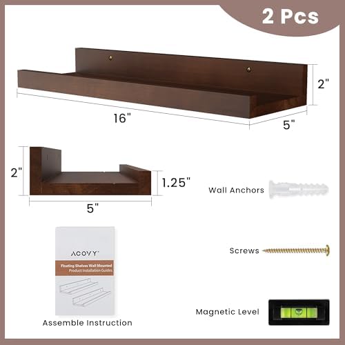 Acovy Floating Shelves for Wall, 16 inch Solid Wood Picture Ledge Shelf, Picture Shelf for Wall with Ledge, Floating Book Shelves for Living Room Bedroom Kitchen Nursery Decor, Walnut, Set of 2