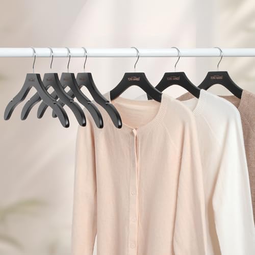 TOPIA HANGER Wooden Hangers for Women, Premium Sweater Hangers No Shoulder Bump, 360° Swivel Hook and Cut Notches Clothes Hangers for Sweater, Coat, Shirts, Hoodies, Dress, 12 Pack Black CT84B
