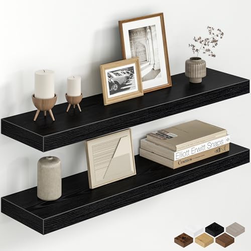 32 Inch Floating Shelves for Wall, Rustic Wood Wall Mounted Deep Storage Shelves with Invisible Brackets, Large Decorati