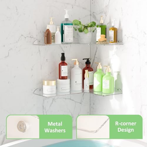 Sezanrpt 11.4x16 Inch Acrylic Corner Floating Shelf Set of 2, White Corner Wall Shelf for Home Décor, Speakers, Security