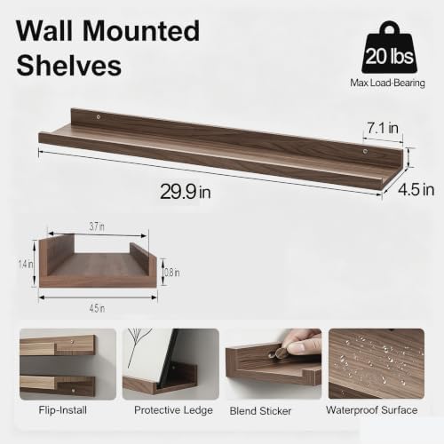 Walnut Floating Shelves for Wall Decor, 30 in Shelf with Lip, 2 Set