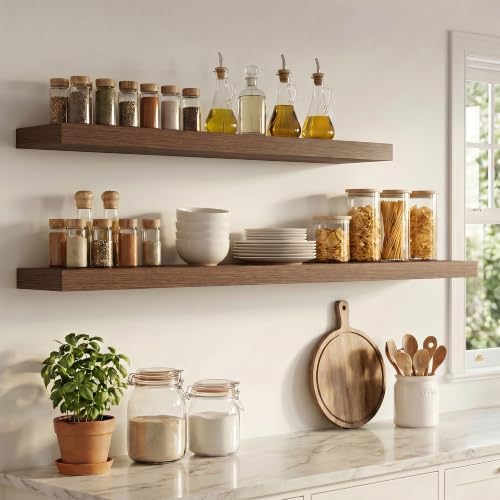 8 inch Deep Floating Shelves for Wall, 72" Wide, Walnut Finish, 2-Pack