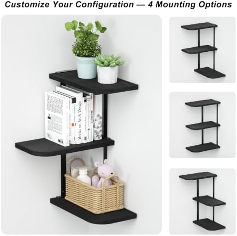 Love-KANKEI Corner Wall Shelf 3 Tier,Solid Wood with Bracket,17" Tall,Black