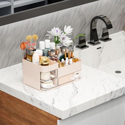 SuoXing Pink Makeup Organizer for Vanity,Large Plastic Skincare Organizers With Drawers,Bathroom Counter Organizer Cosme