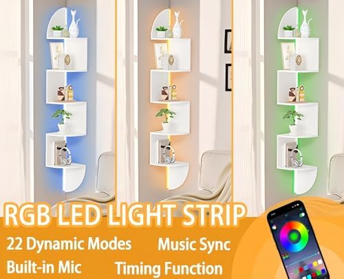 Waipfaru Corner Shelf, 5 Tier Bookshelf with LED Light, Corner Shelf Wall Mounted, Floating Shelves for Wall, Display St