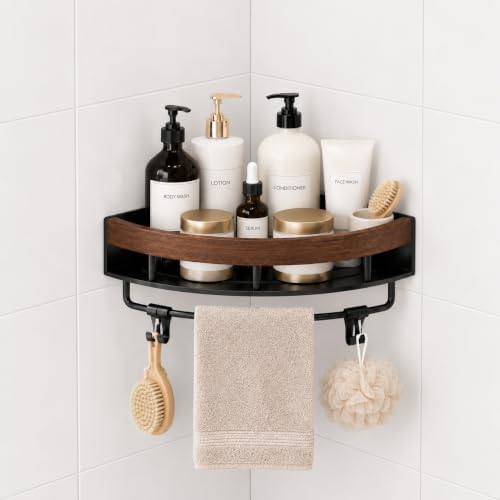 1PC Shower Corner Shelf, Walnut Wood & Stainless Steel Caddy