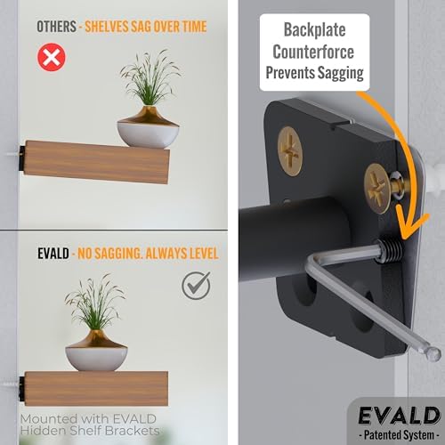 EVALD LevelMate™ Uni-Mount 6 Inch Floating Shelf Brackets, Hidden Shelf Brackets with Anti-Sag Pinol Screw System, Float