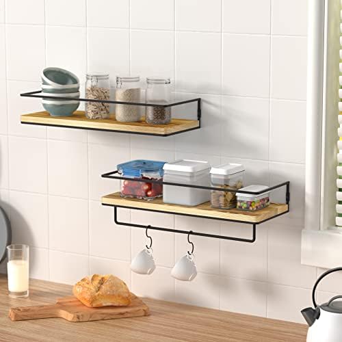 ZGO Floating Shelves for Wall Set of 2, Wall Mounted Storage Shelves with Metal Frame and Towel Rack for Bathroom, Kitch