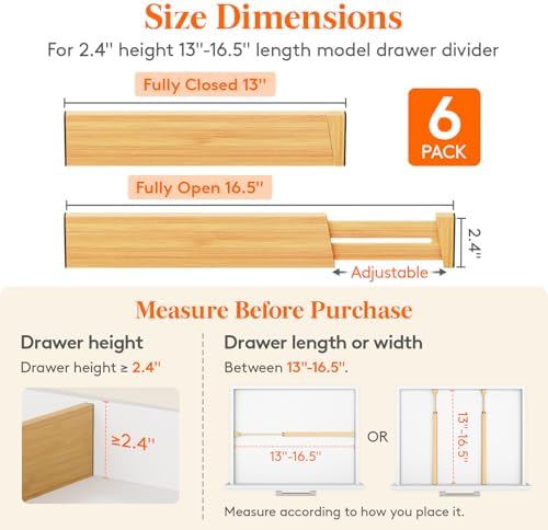 Lifewit 2.4" Kitchen Drawer Dividers, Adjustable Bamboo Drawer Organizers