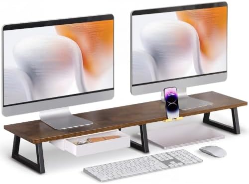 TEAMIX 42 inch Dual Monitor Stand with Storage Drawer & Phone Holder, Brown
