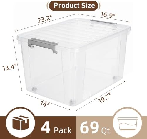 Citylife 4-Pack 69 QT Clear Plastic Storage Bins with Latching Lids
