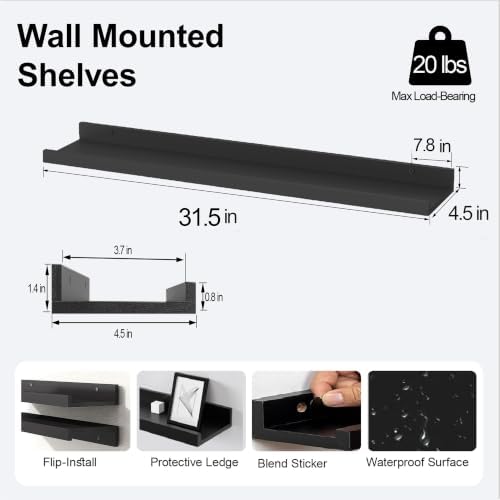 Black Floating Shelves for Wall Decor, 32 in Shelf with Lip Set of 2